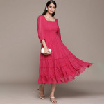 Fuchsia Solid Chiffon Smocked Tiered Midi Dress