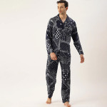 Men Navy Blue & White Printed Night Suit