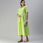 Lime Green Woven Design Handloom Maternity A-Line Midi Dress